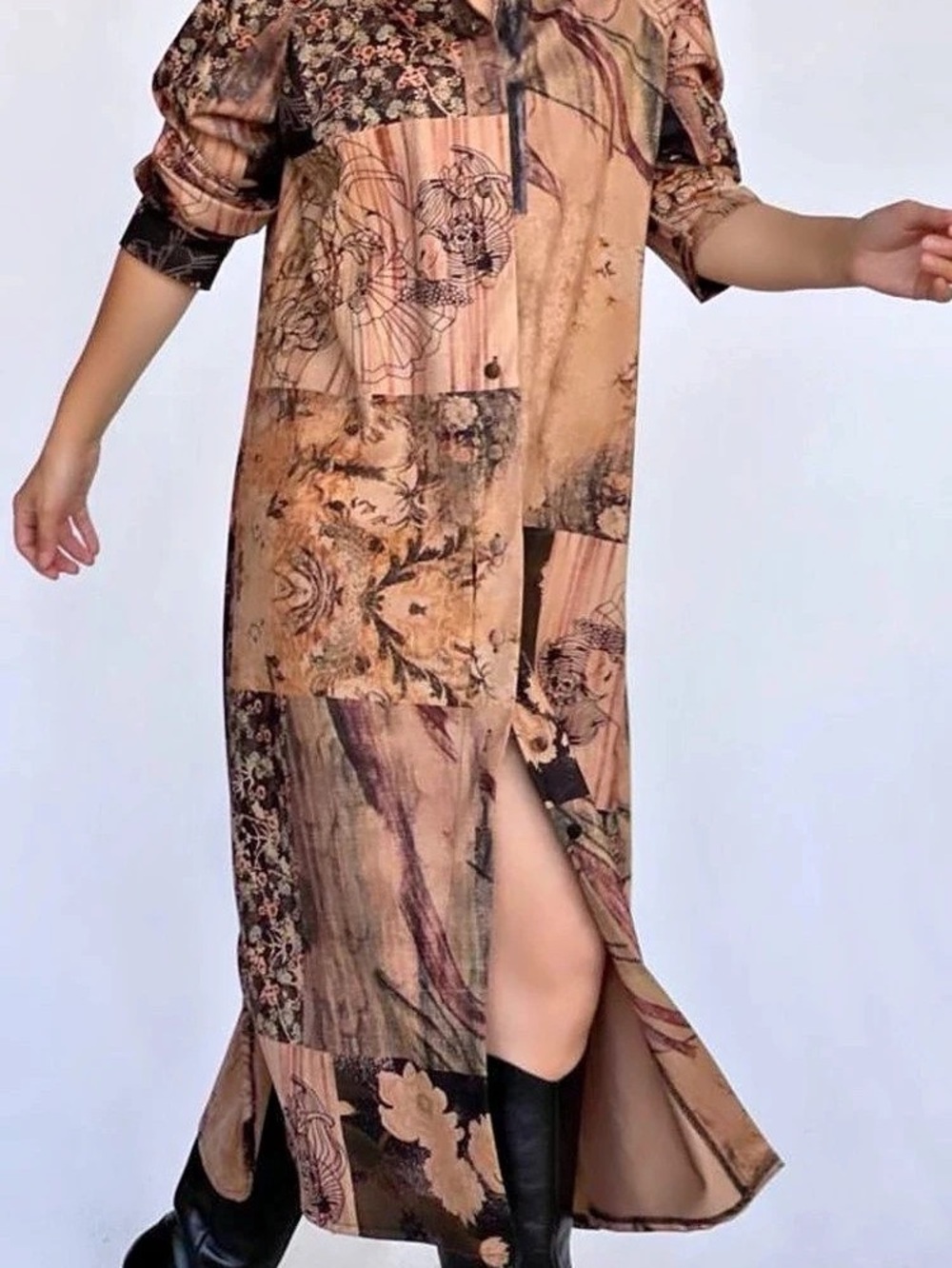 Floral Midi Dress in Brown & Black  New